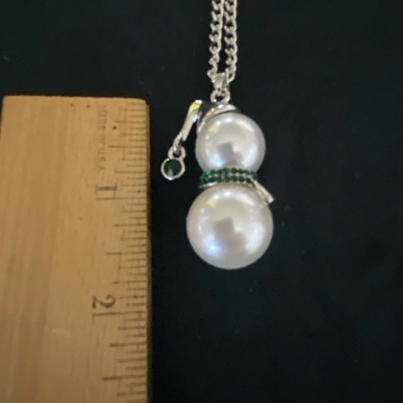 Snowman Necklace Silver Tone Green Crystals - Picture 3 of 6